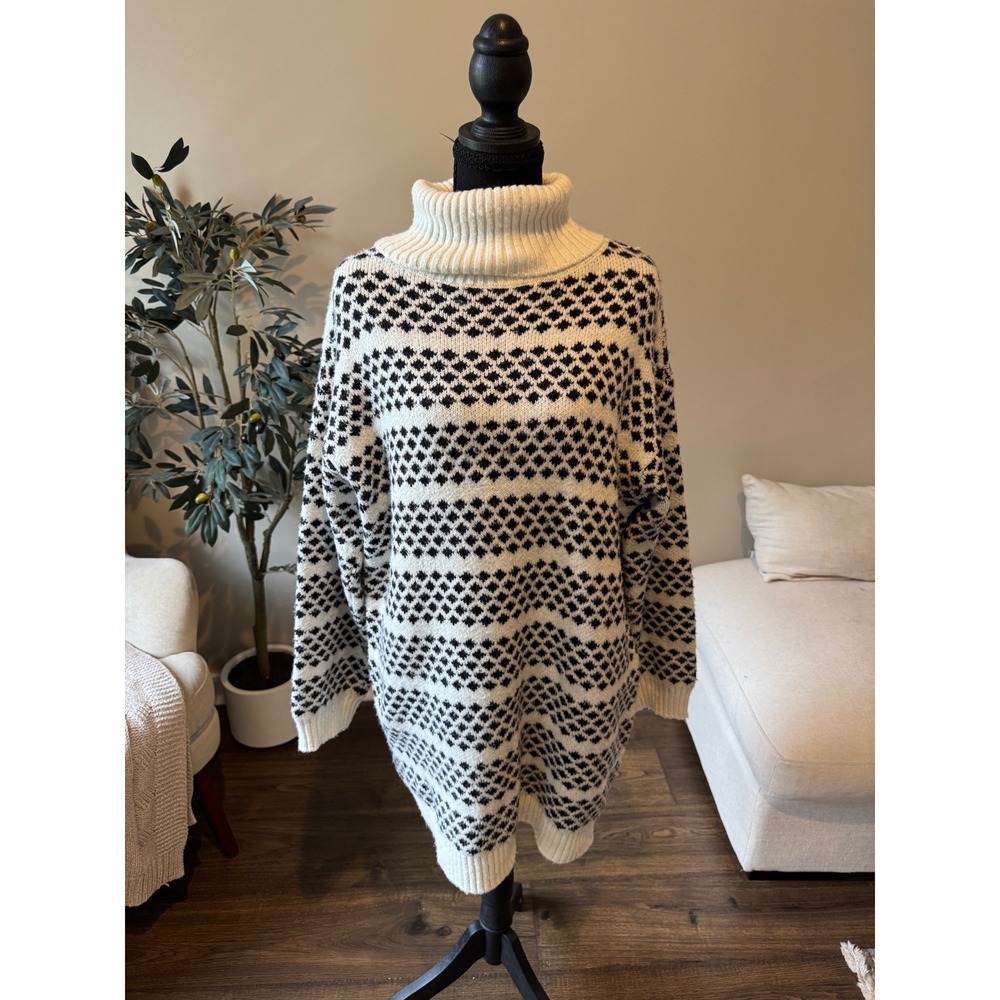 Ann Taylor Cream Black Diamond Knit Turtleneck Sweater Dress Large